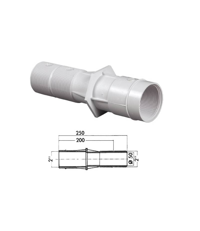 Traversare perete piscina beton lungime 250 mm intrare filet interior 2" - iesire filet exterior 2" si lipire interior Ø50 mm - Hayward