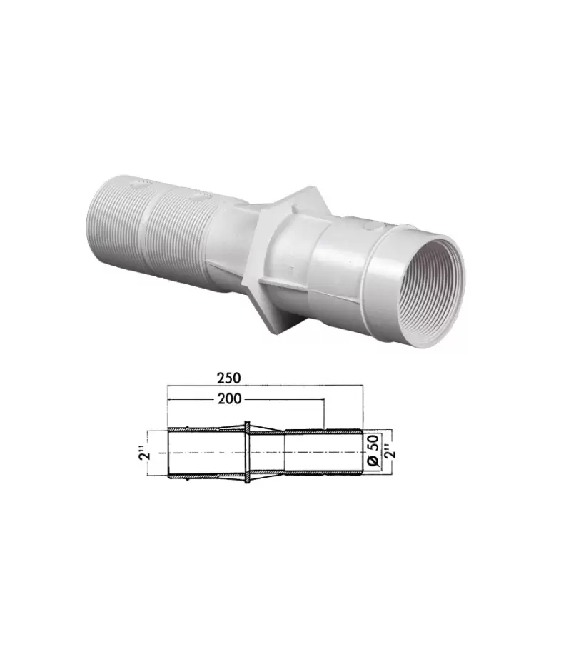 Traversare perete piscina beton lungime 250 mm intrare filet interior 2" - iesire filet exterior 2" si lipire interior Ø50 mm - Hayward