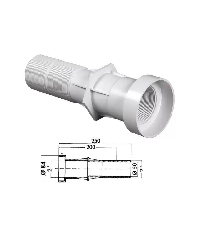 Traversare perete piscina cu liner lungime 250 mm intrare filet interior 2" - iesire filet exterior 2" si lipire interior Ø50 mm - Hayward