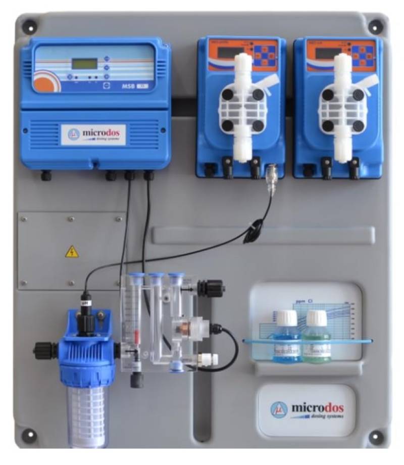 Dozator - regulator cu membrana Microdos Pool Gold PH - 10 l/h / CL - 10 l/h   - montat pe placă