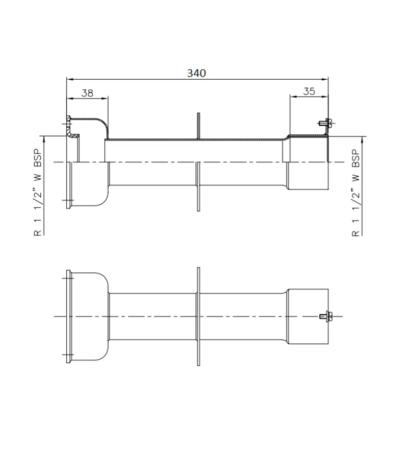 Conducta de perete de 340mm din otel inoxidabil AISI-304 pentru piscina prefabricata sau cu liner, conexiuni filet interior 1 1/2" la ambele capete - AstralPool