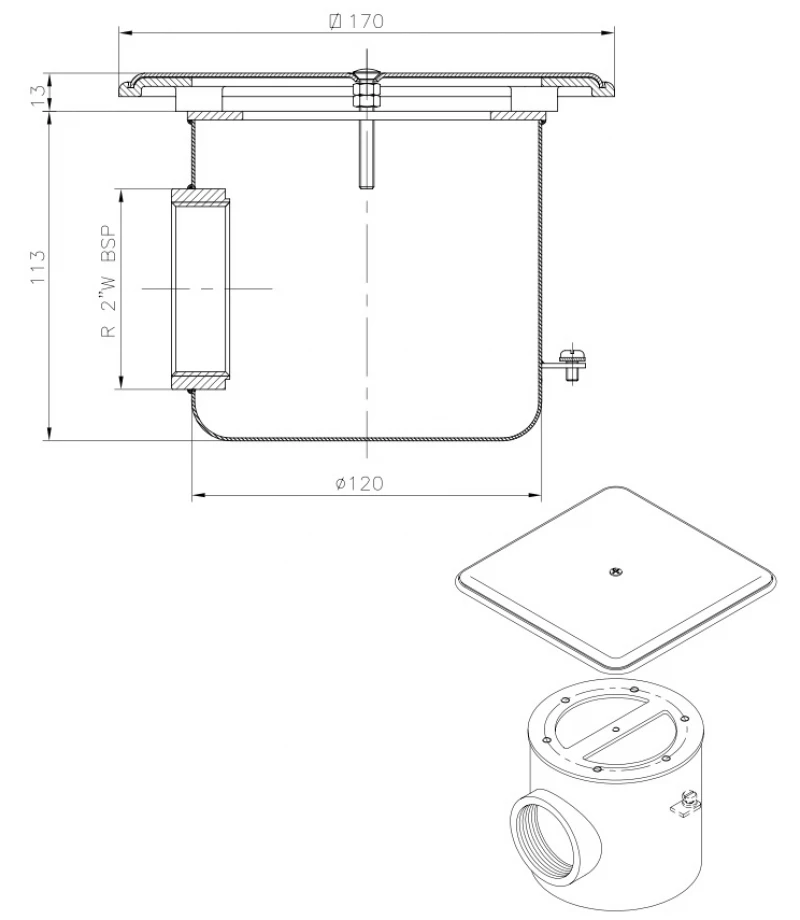 Sifon cu capac patrat antivortex din otel inoxidabil AISI-316 - 170 x 170 mm pentru beton - Astral Pool