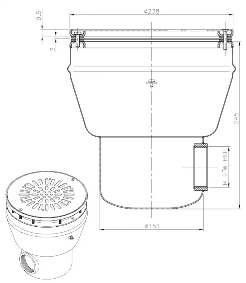 Sifon pentru liner din otel inoxidabil AISI-316 Ø238 mm cu grilaj plat - AstralPool