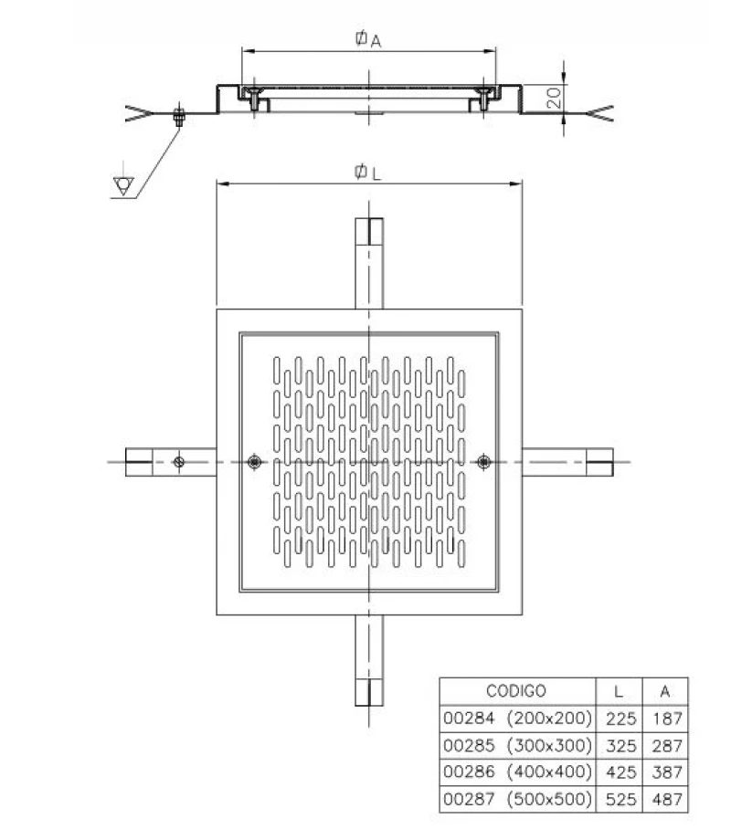 Grilaj scurgere din inox AISI-304 - 200 x 200 mm - AstralPool