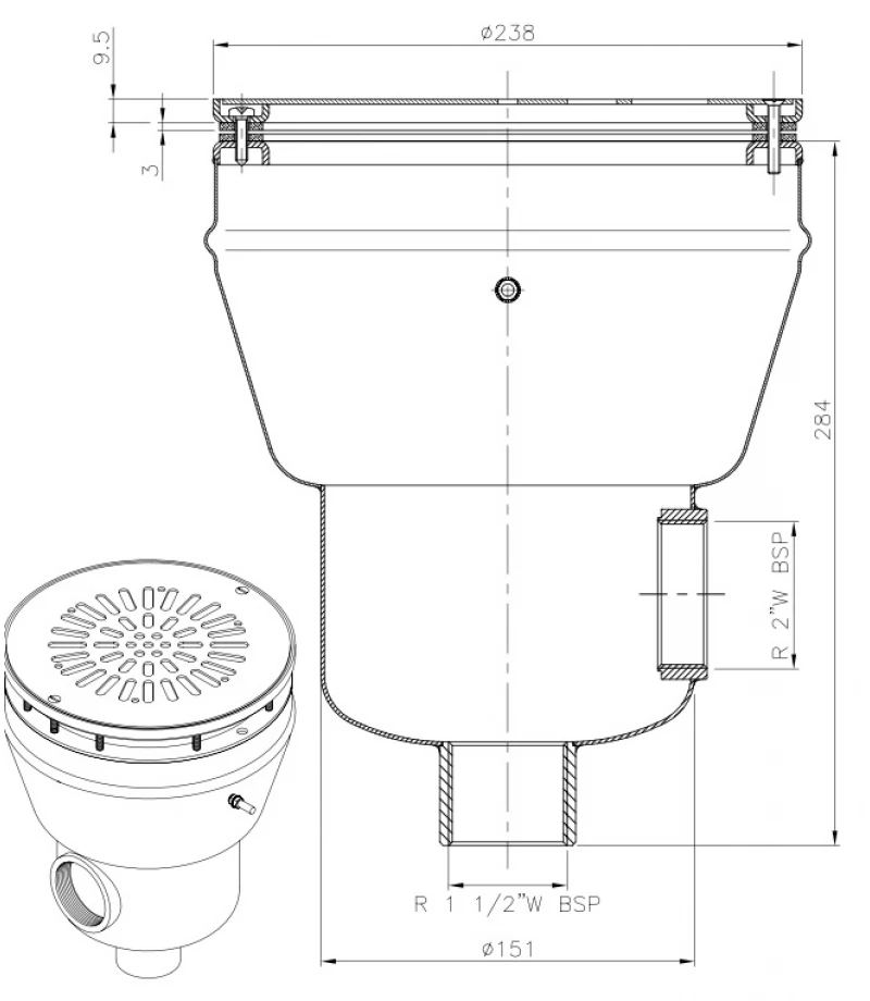 Sifon pentru liner din otel inoxidabil AISI-316 Ø238 mm cu iesire inferioara 1 1/2" - AstralPool