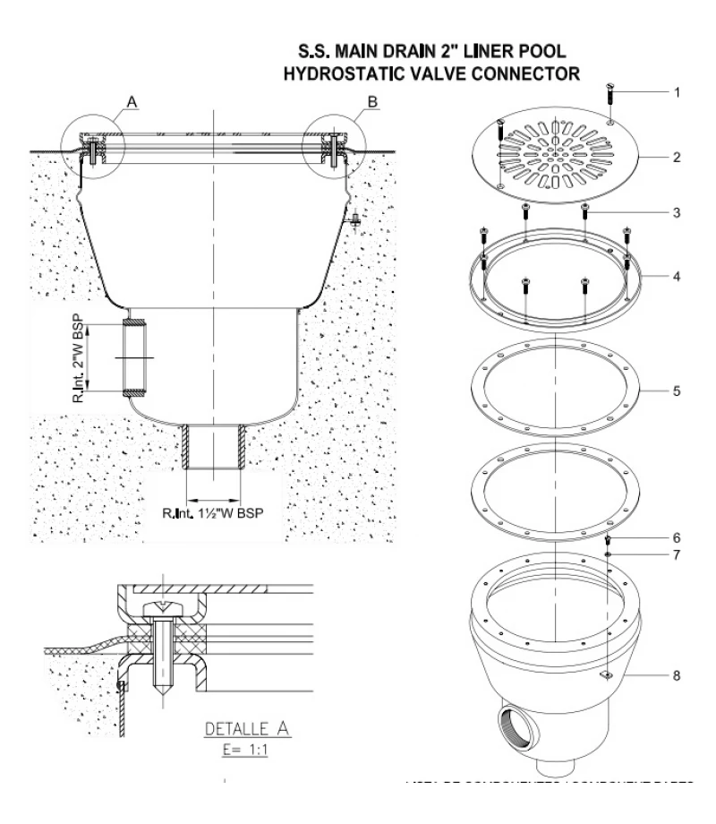 Sifon pentru liner din otel inoxidabil AISI-316 Ø238 mm cu iesire inferioara 1 1/2" - AstralPool