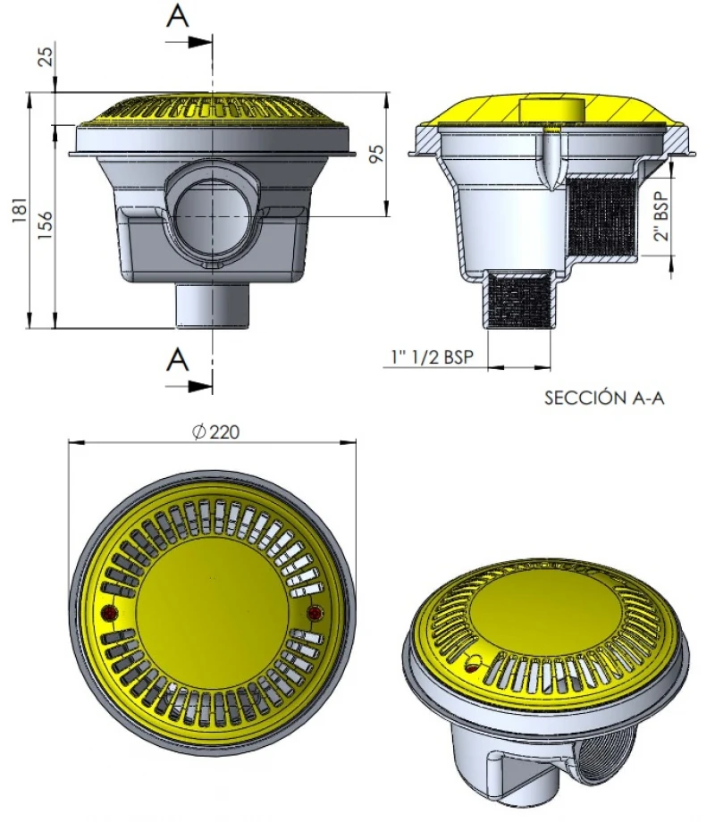 Sifon pentru beton cu grila antivortex D200mm - AstralPool