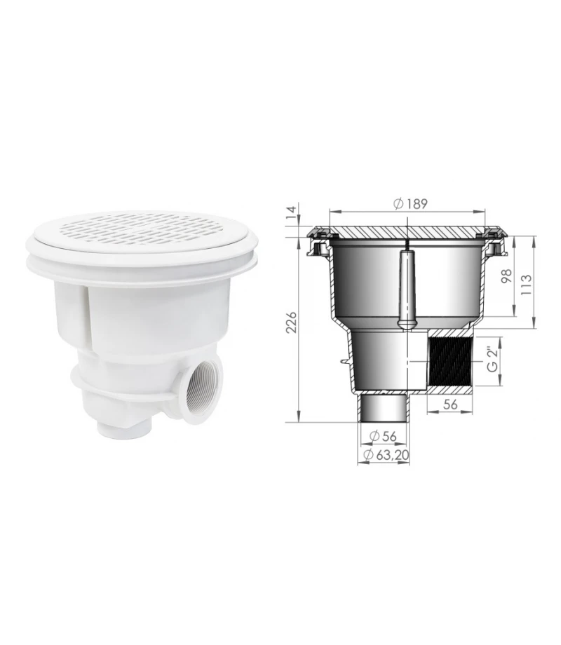 Sifon NORM pentru beton Ø189mm cu grilaj plat - AstralPool