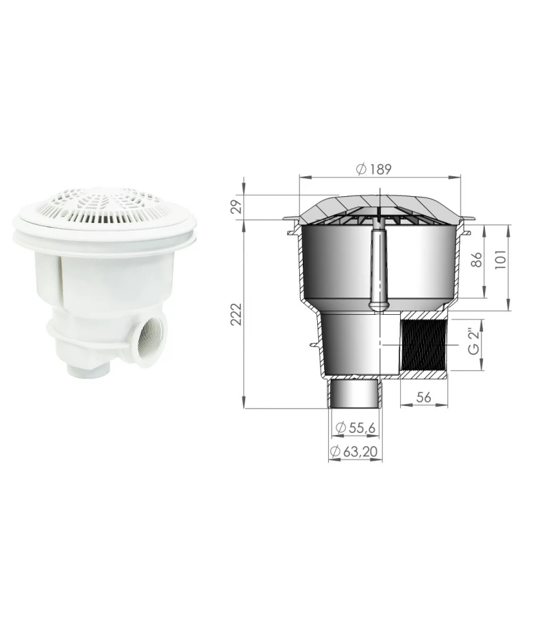 Sifon NORM pentru beton D189mm cu grilaj antivortex - AstralPool