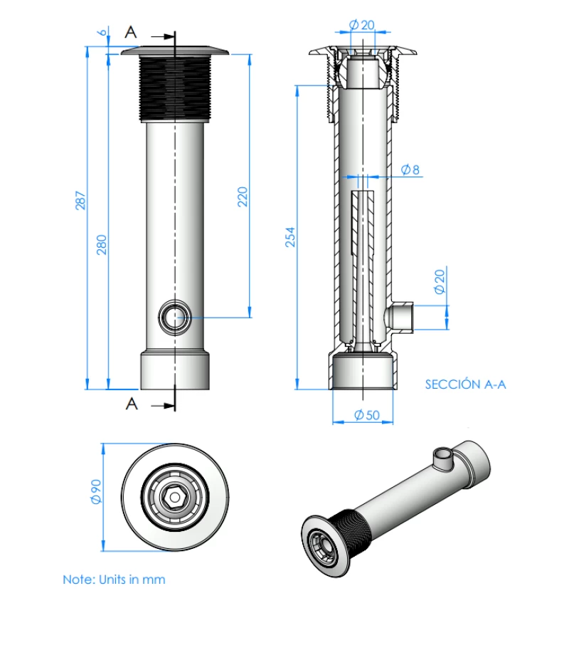 KIT hidromasaj pentru piscine din beton conducta 280 mm si duza Ø 90 mm - AstralPool