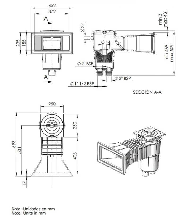 Skimmer 17.5L deschidere larga capac patrat si gat extins cu rama pentru beton - AstralPool