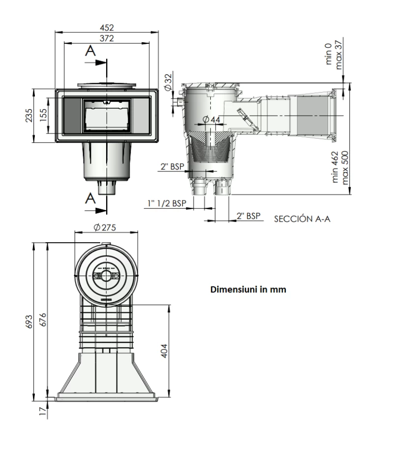 Skimmer pentru picine din beton cu deschidere larga 372 mm  si gat reglabil cu capac rotund - AstralPool