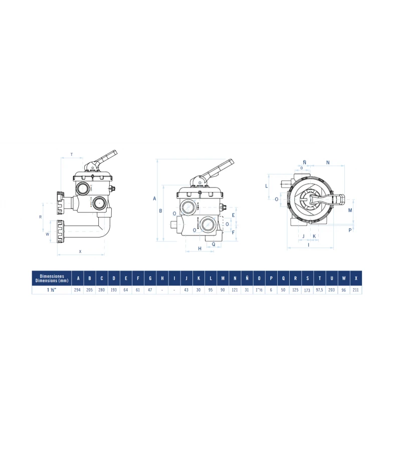 Vana multiport 6 cai 1 si 1/2" cu racorduri, evacuare superioara in lateral si evacuare inferioara in baza vanei - AstralPool