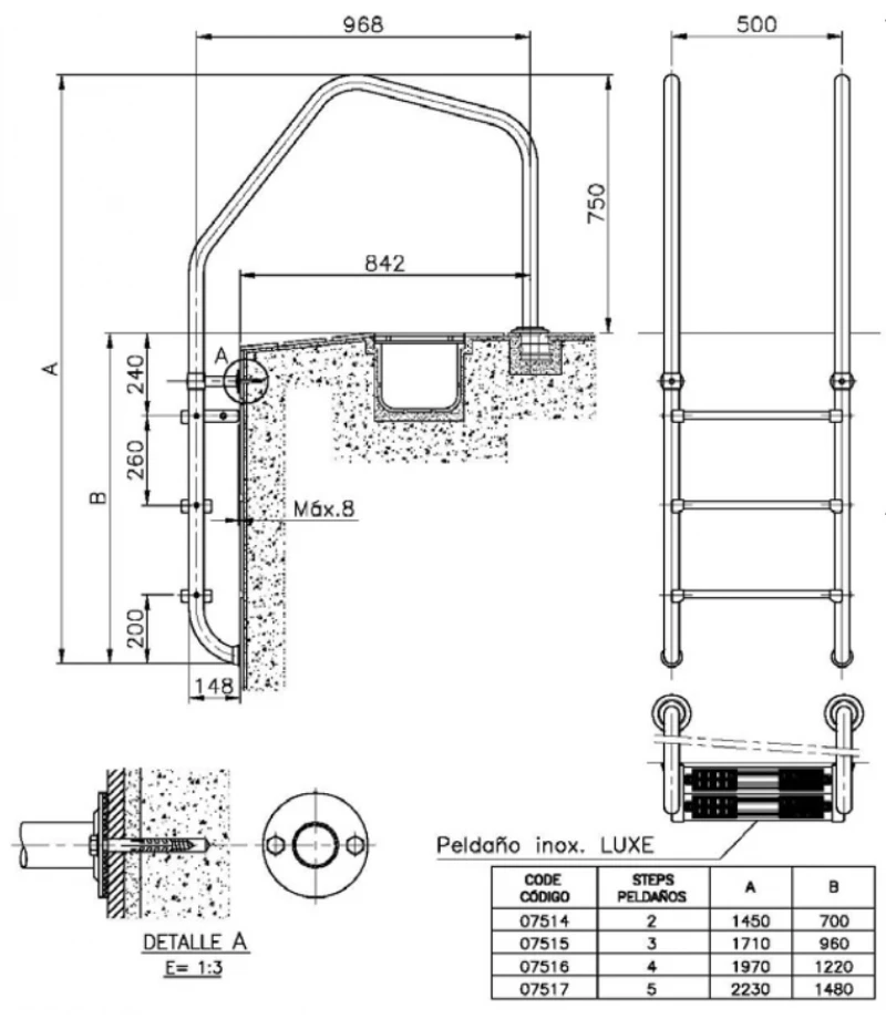 Scara piscina cu overflow 4 trepte Lux si 1 dubla de siguranta-Astralpool