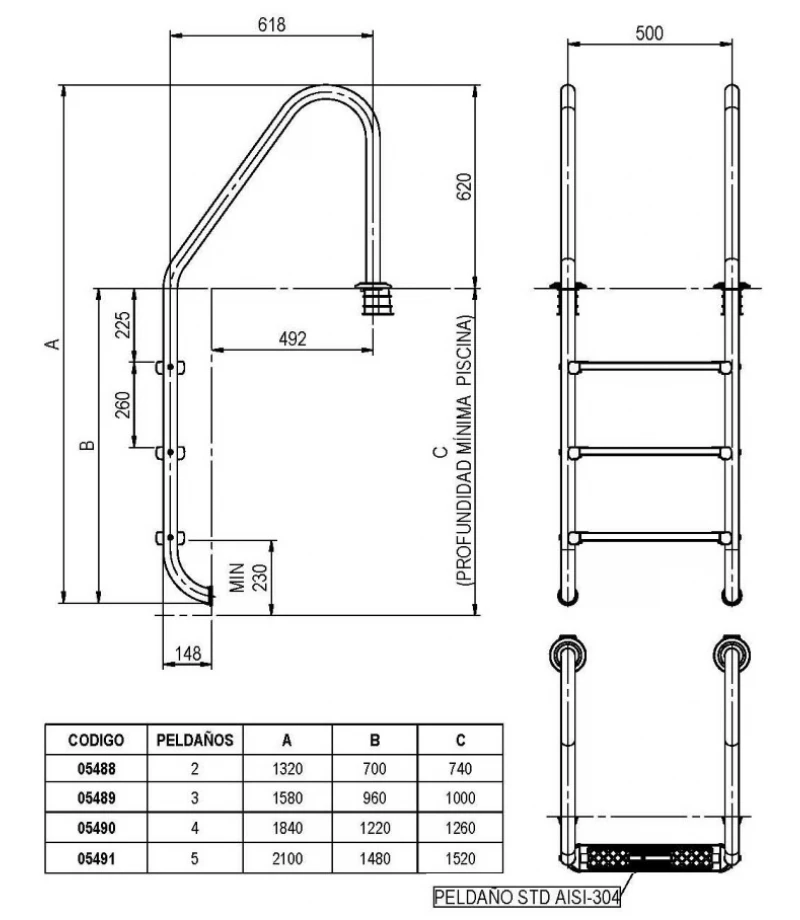 Scara piscina STANDARD INOX 304 cu 3 trepte standard - AstralPool