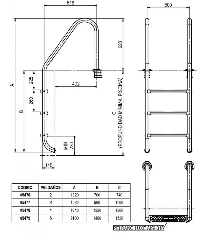 Scara piscina STANDARD din INOX 316 cu 2 trepte Lux - AstralPool
