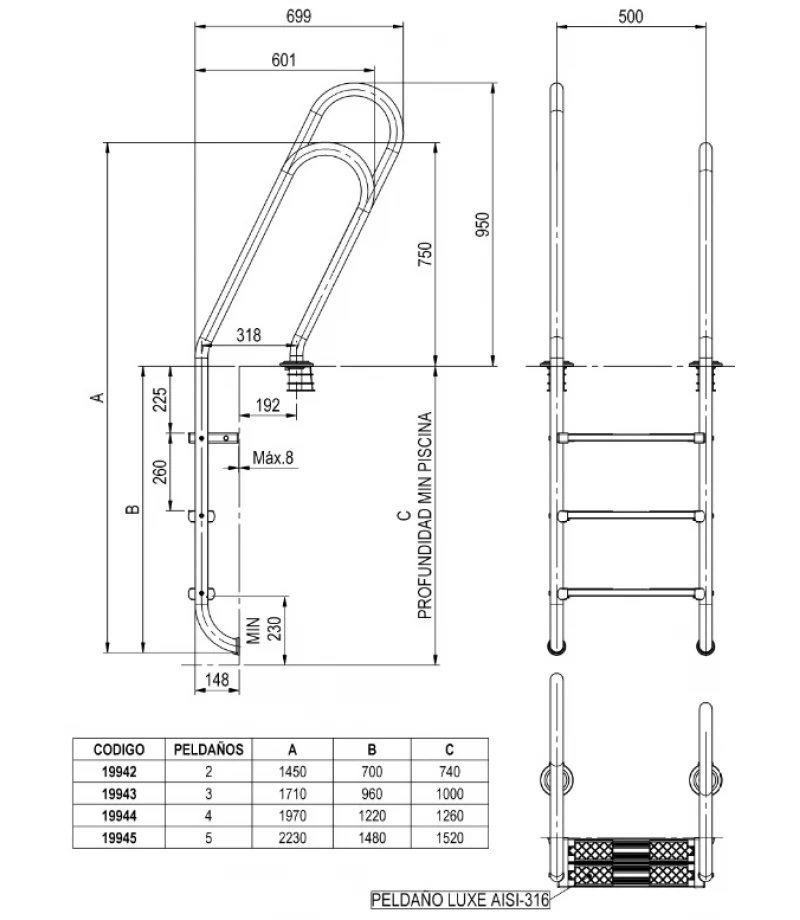 Scara piscina Mixt Asimetric din INOX 316 cu 3 trepte Luxe