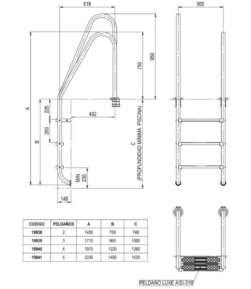 Scara piscina Standard Asimetric din INOX 316 cu 2 trepte Luxe